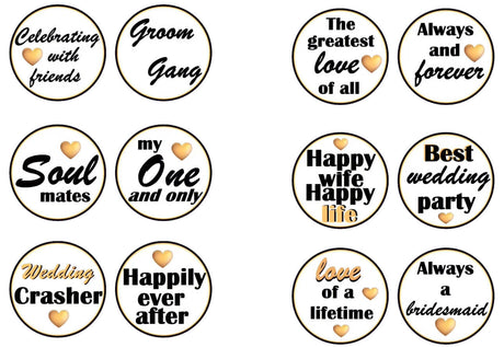 BIG Soul Mates Wedding Photo Booth Prop Set with 12 stylish sayings, black and gold design, perfect for celebrations.
