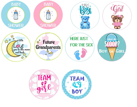 Colorful set of 10 gender reveal baby shower props with cute designs, featuring 'Boy', 'Girl', and family themes.