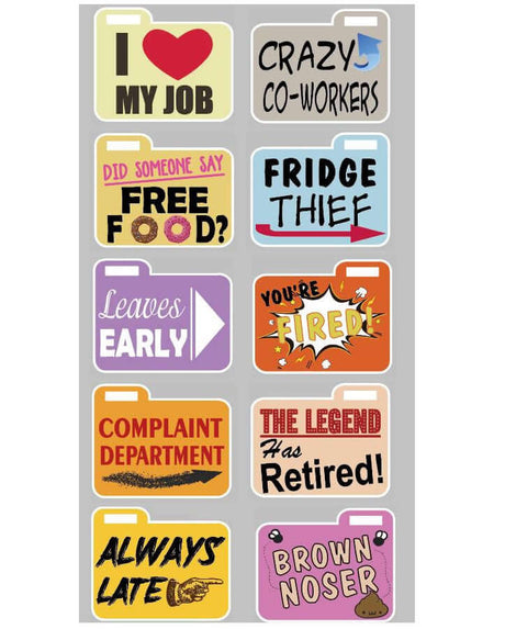 Five double-sided PVC files with humorous office-themed designs like 'You're Fired!' and 'Fridge Thief!'