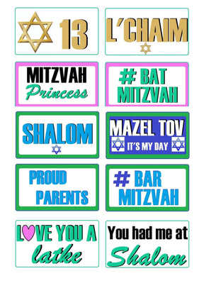 Mitzvah Set Photo Booth Props featuring 10 sayings on double sided signs, anti-glare, perfect for celebrations.