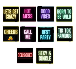 Colorful neon sign collection with phrases for fun parties: 'Let's Get Crazy', 'Hot Mess', 'Good Vibes' & more.