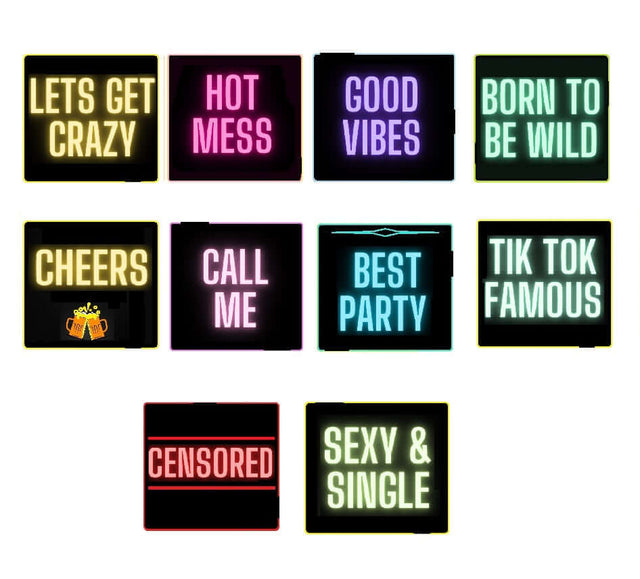 Colorful neon sign collection with phrases for fun parties: 'Let's Get Crazy', 'Hot Mess', 'Good Vibes' & more.