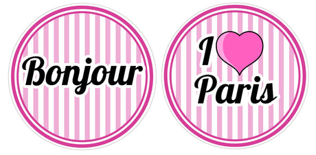 Colorful round Paris party props with 'Bonjour' and 'I ❤️ Paris' designs, perfect for vibrant celebrations.