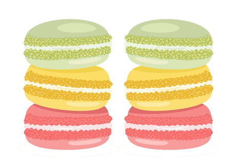 Colorful stacked macarons in green, yellow, and pink, showcasing a delightful assortment of sweets.