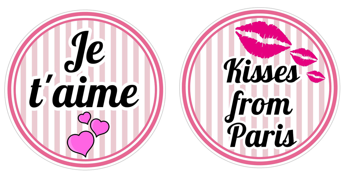 Colorful round party props featuring "Je t'aime" and "Kisses from Paris" designs, perfect for a Paris-themed celebration.