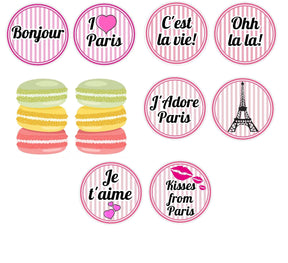 Colorful Paris-themed party props including macaroons and fun phrases perfect for young adult celebrations.