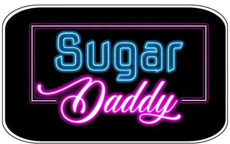 Colorful neon sign reading 'Sugar Daddy' in blue and pink, perfect for photo booth props at parties.