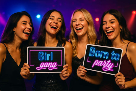 Four women laughing and holding colorful neon party props 'Girl gang' and 'Born to party' at a vibrant event.