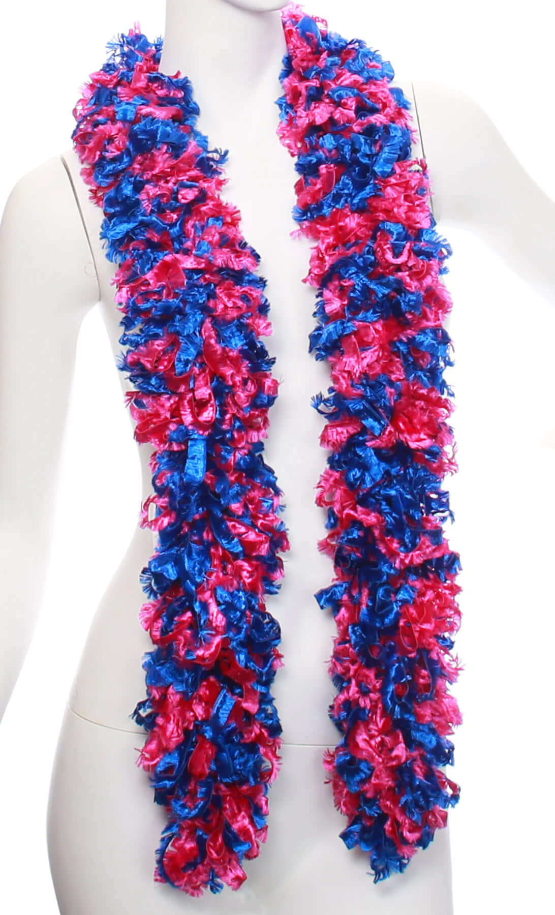 PINK AND BLUE mixed Featherless Boa displayed on a mannequin, showcasing its vibrant colors and soft texture.