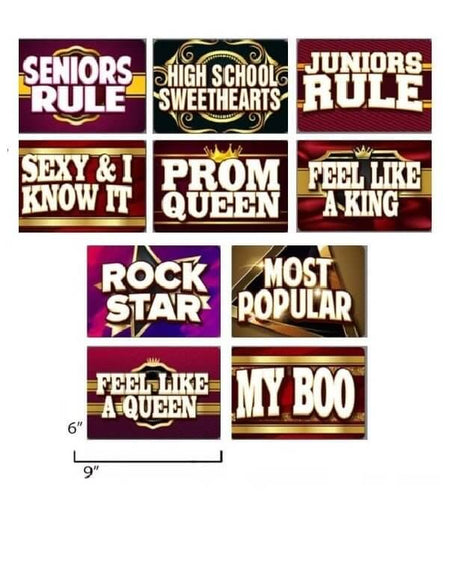 10 piece double sided PROM props set featuring fun designs like 'Seniors Rule' and 'Prom Queen', made of durable PVC.
