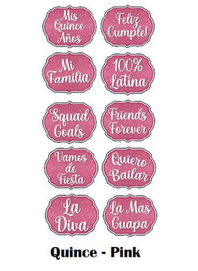 Colorful Quinceanera props featuring fun phrases in pink for a festive celebration.