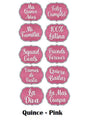 Colorful Quinceanera props featuring fun phrases in pink for a festive celebration.