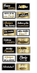 Recien Casados Spanish wedding prop set featuring eight double-sided signs with fun sayings, high-quality and anti-glare.