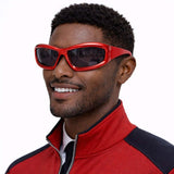 A model wearing Metallic Red Disco Glasses, showcasing a fun style and bold design, perfect for parties and photo booths.