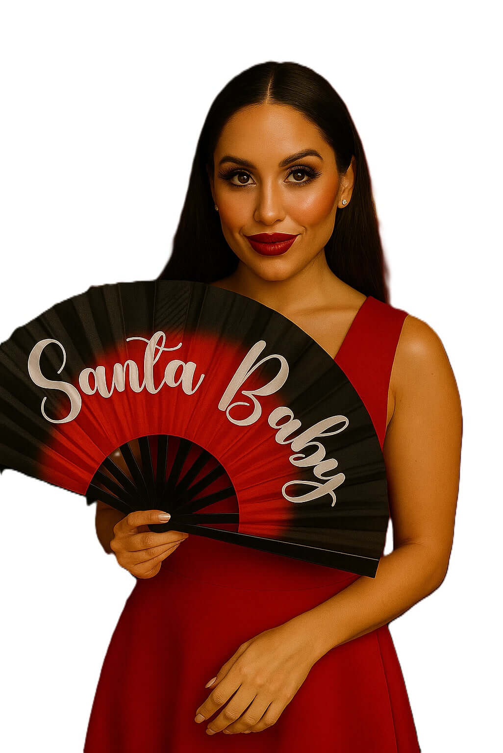 Woman holding a 'Santa Baby' folding fan, enhancing festive events with stylish fun. Perfect for holiday celebrations!