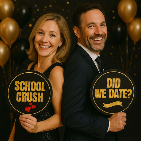 Black and gold Class Reunion photo booth props with adults holding signs 'School Crush' and 'Did We Date?' at a fun event.