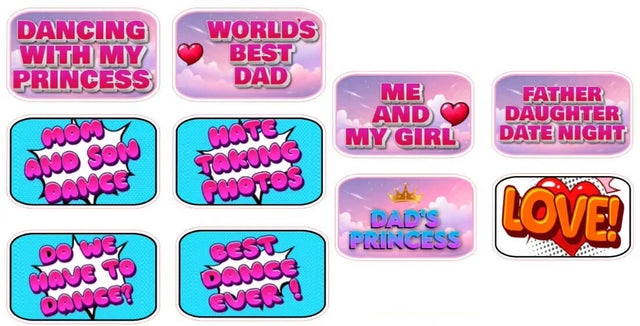 Colorful photo booth props for father-daughter and mother-son dances, featuring fun phrases and high-quality design.