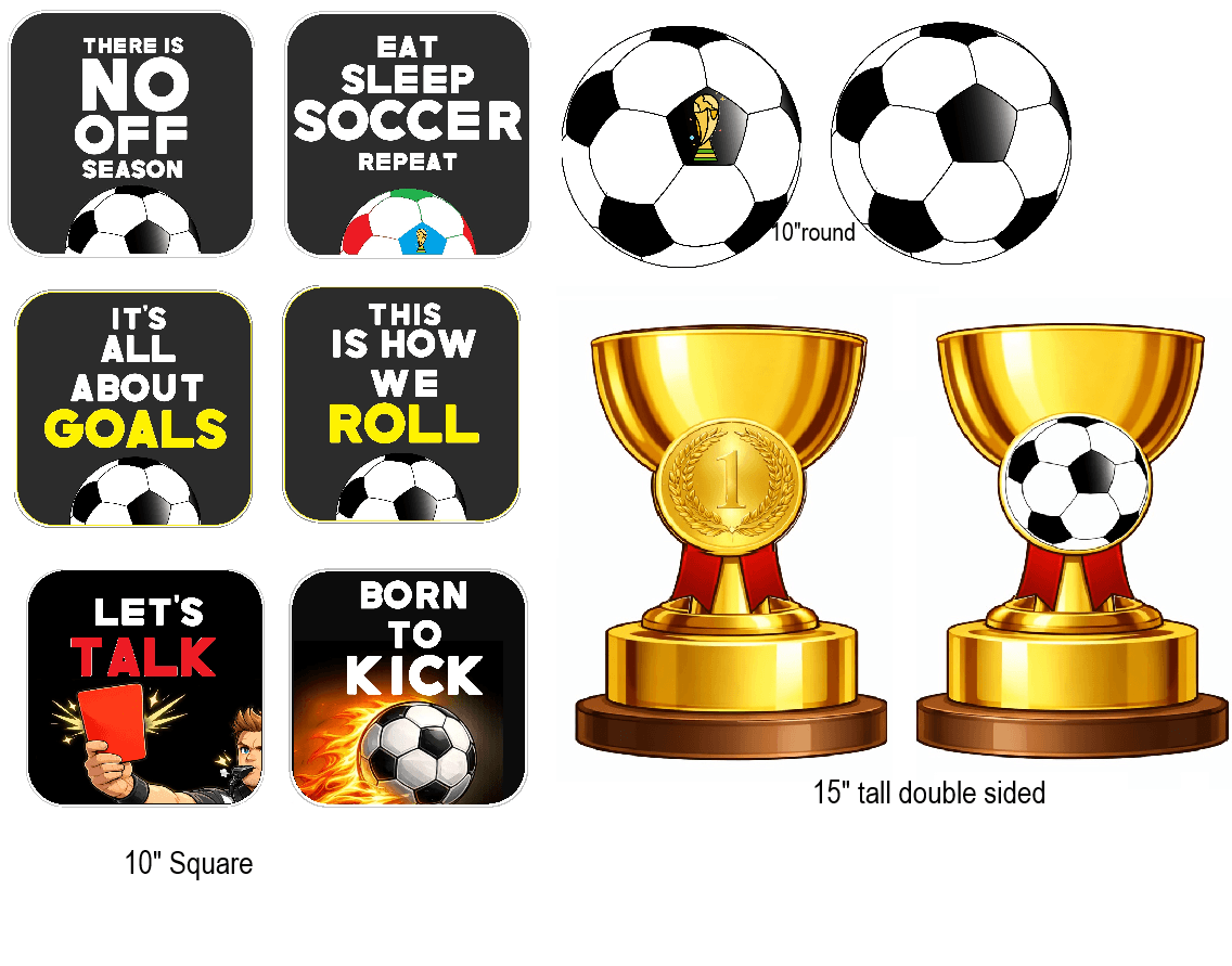 Soccer Prop Set for Parties and Photo Booths Includes Three PVC Props Each 10 Inch Square with fun soccer-themed designs.