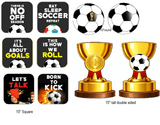 Soccer Prop Set for Parties and Photo Booths Includes Three PVC Props Each 10 Inch Square with fun soccer-themed designs.
