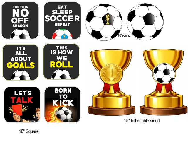 Soccer Prop Set for Parties and Photo Booths Includes Three PVC Props Each 10 Inch Square with fun soccer-themed designs.