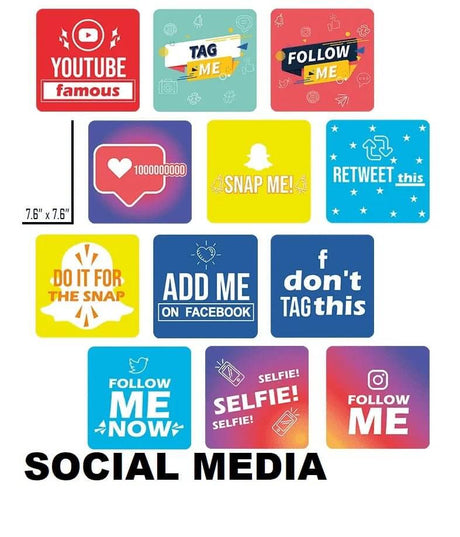 Colorful social media icons with phrases like 'YouTube famous' and 'Follow Me', showcasing social media engagement.