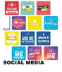 Colorful social media icons with phrases like 'YouTube famous' and 'Follow Me', showcasing social media engagement.