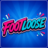 PVC Photo Booth prop - A colorful graphic with the word 'FOOTLOOSE' in bold pink and cyan lettering with black outlines, set against a blue sunburst background with small decorative shapes.