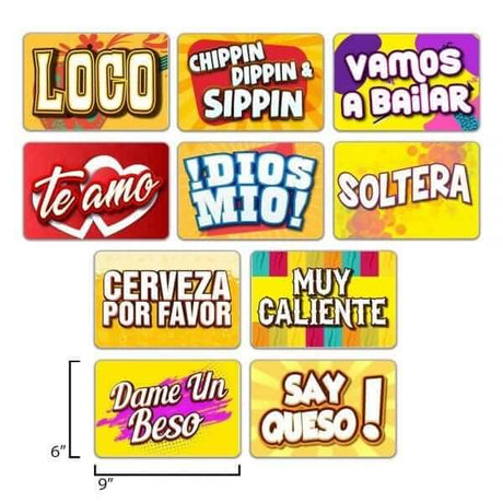 Set of 10 colorful Spanish photo booth sign props featuring fun phrases for celebrations.