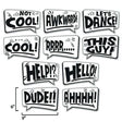 Set of 10 double-sided speech bubble photo booth props in black and white. Fun phrases for parties, measuring 9"x 6".