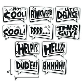 Set of 10 double-sided speech bubble photo booth props in black and white. Fun phrases for parties, measuring 9"x 6".