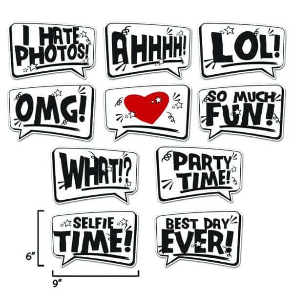 Set of 10 speech bubble photo booth props with fun phrases like 'LOL', 'OMG', and 'Best Day Ever'. Great for events.