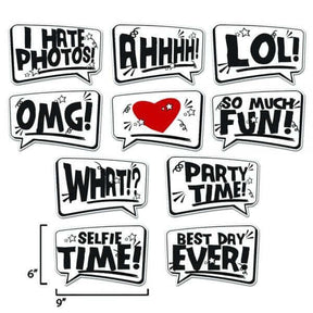 Set of 10 speech bubble photo booth props with fun phrases like 'LOL', 'OMG', and 'Best Day Ever'. Great for events.