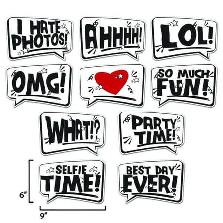Set of 10 speech bubble photo booth props with fun phrases like 'LOL', 'OMG', and 'Best Day Ever'. Great for events.