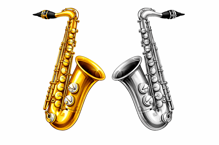 NEW Bigger Musical Instruments- Band collection featuring oversized gold and silver saxophones.