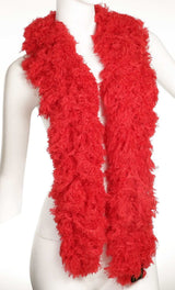 Super Sized RED Featherless Boa displayed on a mannequin, showing vibrant color and soft microfiber material.