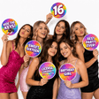Sweet Sixteen New Collection Photo Booth Props Set 10 Inch Tall For Party Decor And Fun Moments with six girls posing and holding fun signs.