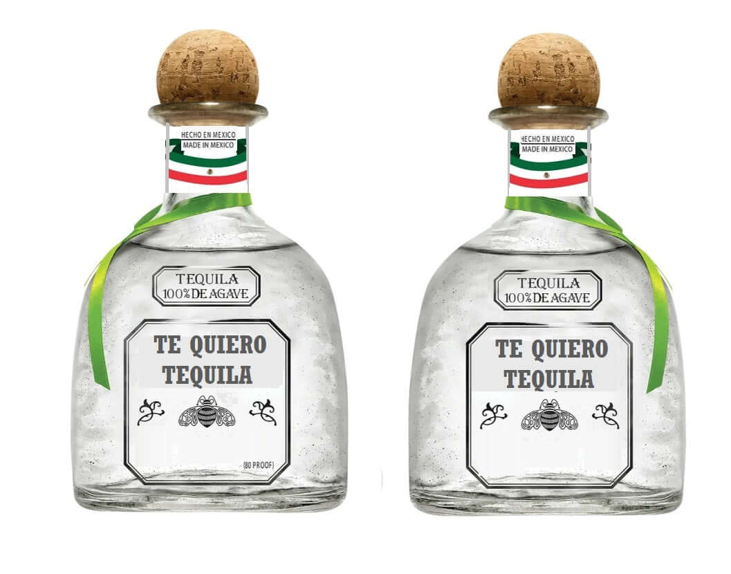 Two bottles of 'Te Quiero Tequila' featuring a 100% agave label, cork tops, and festive design for lively celebrations.