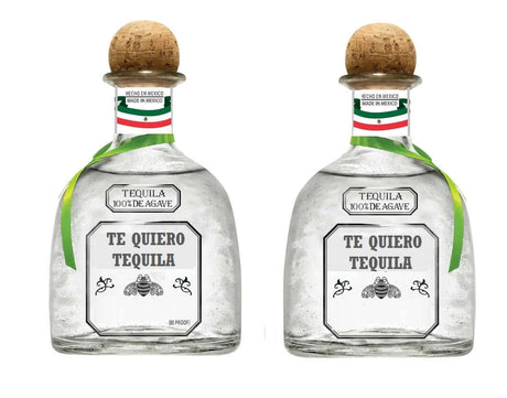 Two bottles of 'Te Quiero Tequila' featuring a 100% agave label, cork tops, and festive design for lively celebrations.