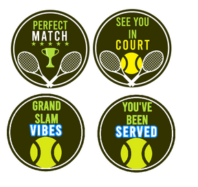 Tennis Time Double Sided Prop For Photography And Content Creation Limited Edition 10 Inch Round Display featuring four playful tennis-themed designs.