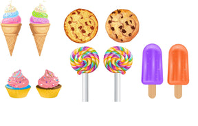 Fun Sweets Summer Collection featuring ice cream cones, cookies, cupcakes, lollipops, and popsicles in vibrant colors.