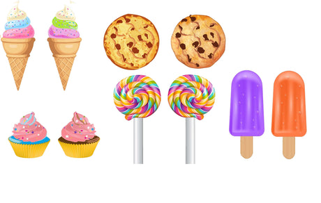 Fun Sweets Summer Collection featuring ice cream cones, cookies, cupcakes, lollipops, and popsicles in vibrant colors.
