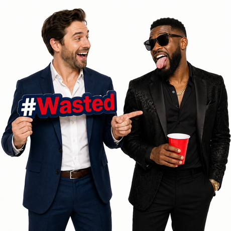 Two men at a party holding a #Wasted PVC Photo Booth Prop for fun group selfies and celebrations.
