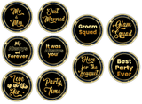 Wedding Elegance 5 round Prop set featuring 10 sayings on round black and gold props for elegant parties.
