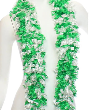 GREEN AND WHITE  mixed Featherless Boa displayed on a mannequin, showcasing vibrant colors and texture.