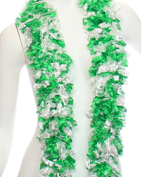 GREEN AND WHITE  mixed Featherless Boa displayed on a mannequin, showcasing vibrant colors and texture.