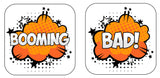 Colorful explosion props reading 'BOOMING' and 'BAD!' perfect for fun parties and vibrant decor.