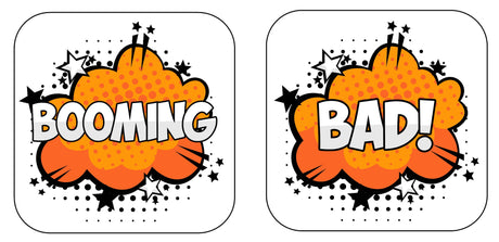 Colorful explosion props reading 'BOOMING' and 'BAD!' perfect for fun parties and vibrant decor.