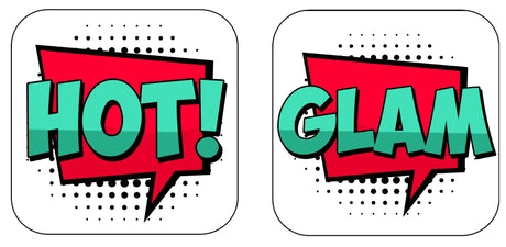 Colorful pop art speech bubbles featuring the words 'HOT!' and 'GLAM!' for vibrant party decor.