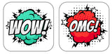 Colorful explosive word props 'WOW!' and 'OMG!' ideal for party decorations or events with vibrant designs.