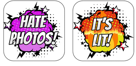 Colorful Fun Explosion Party Prop Set featuring 'HATE PHOTOS!' and 'IT'S LIT!' words in vibrant designs.